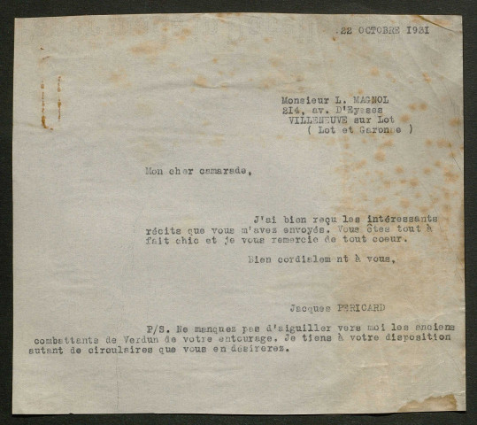 Témoignage de Magnol, Louis (Muletier à l'échelon de C.M.6) et correspondance avec Jacques Péricard