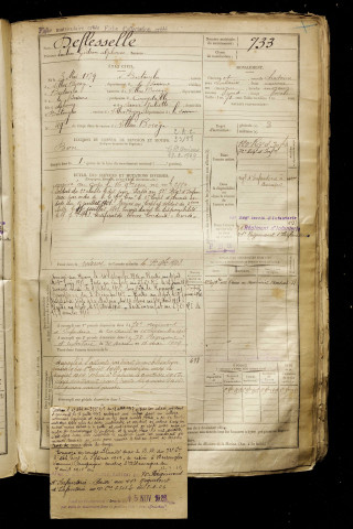 Deflesselle, Emilien Gédéon Alphonse, né le 03 mai 1879 à Bertangles (Somme), classe 1899, matricule n° 733, Bureau de recrutement d'Amiens
