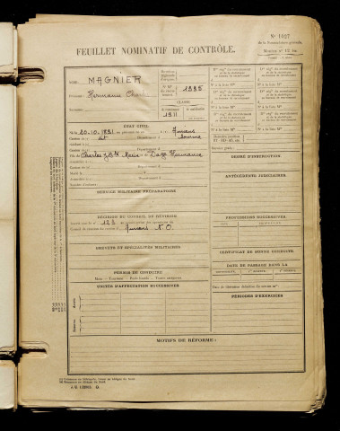 Magnier, Hermann Charles, né le 20 octobre 1891 à Amiens (Somme), classe 1911, matricule n° 1335, Bureau de recrutement d'Amiens
