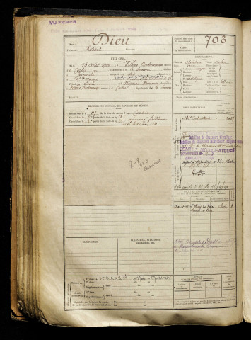 Dieu, Robert, né le 15 août 1900 à Villers-Bretonneux (Somme), classe 1920, matricule n° 708, Bureau de recrutement d'Amiens