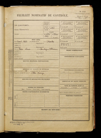 Duhamel, Edmond, né le 09 avril 1897 à Flesselles (Somme), classe 1917, matricule n° 297, Bureau de recrutement d'Amiens