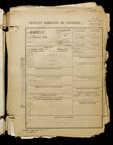 Mabille, Fernand Victor, né le 26 janvier 1889 à Feuquières-en-Vimeu (Somme), classe 1909, matricule n° 892, Bureau de recrutement d'Abbeville