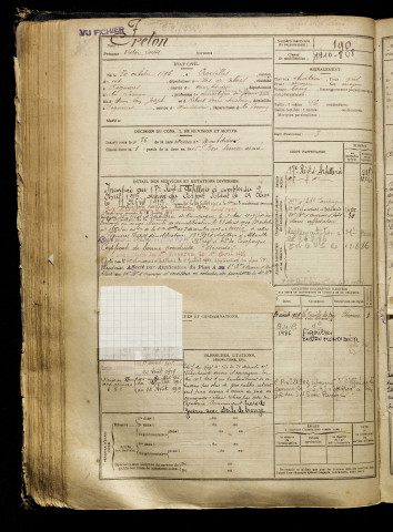 Freton, Victor Louis, né le 30 octobre 1896 à Croisilles (Pas-de-Calais), classe 1916, matricule n° 190, Bureau de recrutement de Péronne