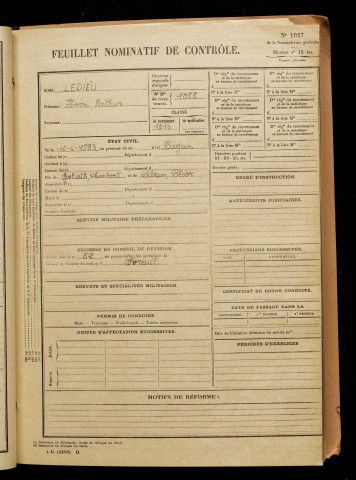 Ledieu, Henri Arthur, né le 16 avril 1893 à Cayeux-en-Santerre (Somme), classe 1913, matricule n° 1082, Bureau de recrutement de Péronne