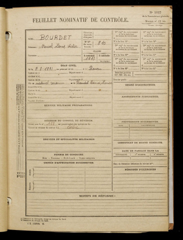 Bourdet, Marcel Louis Victor, né le 08 août 1893 à Rouen (Seine-Maritime), classe 1913, matricule n° 810, Bureau de recrutement d'Amiens