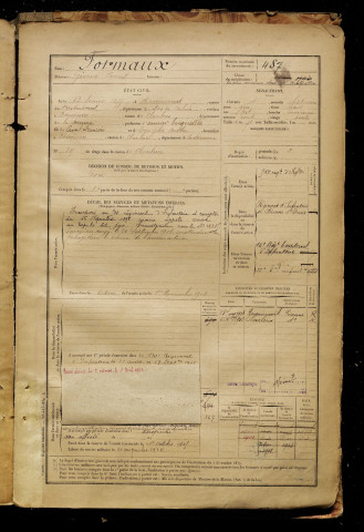 Formaux, Gérard Ernest, né le 13 février 1877 à Havrincourt (Pas-de-Calais), classe 1897, matricule n° 487, Bureau de recrutement de Péronne