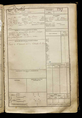 Bellin, Jean Gabriel Joseph, né le 15 juin 1896 à Montdidier (Somme), classe 1916, matricule n° 237, Bureau de recrutement de Péronne