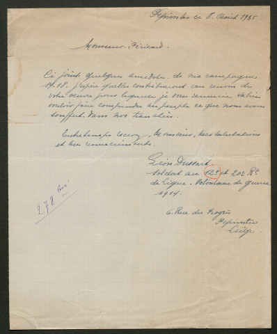 Témoignage de Dussart, Léon et correspondance avec Jacques Péricard