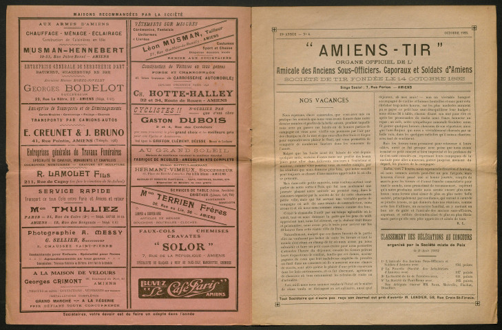 Amiens-tir, organe officiel de l'amicale des anciens sous-officiers, caporaux et soldats d'Amiens, numéro 4 (octobre 1923)