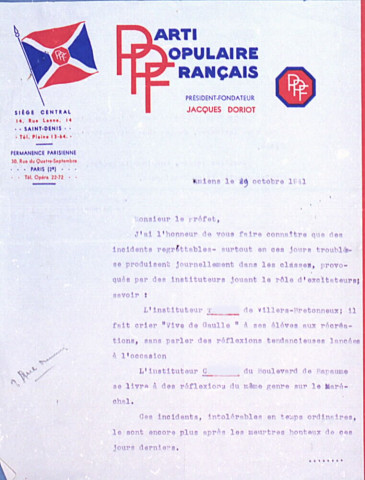 Lettre du Parti Populaire Français adressée au Préfet de la Somme suite à des incidents survenus dans la commune de Villers-Bretonneux contre le Maréchal Pétain