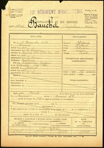 Bauchet, Théophane Alcide, né le 13 novembre 1884 à Amiens (Somme), classe 1904, matricule n° 652, Bureau de recrutement d'Amiens