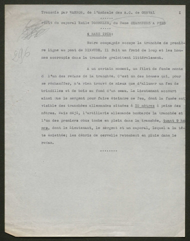 Témoignage de Dobbeler, Emile (Caporal) et correspondance avec Jacques Péricard