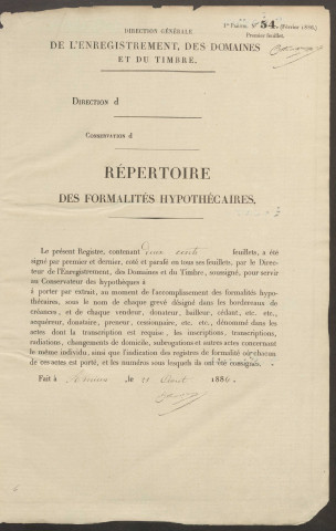 Répertoire des formalités hypothécaires, du 04/02/1888 au 29/08/1888, volume n° 152 (Conservation des hypothèques de Doullens)