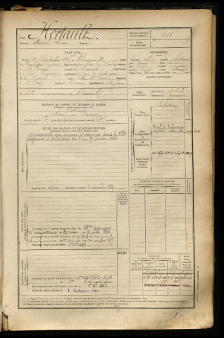 Hertault, Joseph Croix, né le 15 septembre 1865 à Beaurainville (Pas-de-Calais), classe 1885, matricule n° 165, Bureau de recrutement d'Abbeville