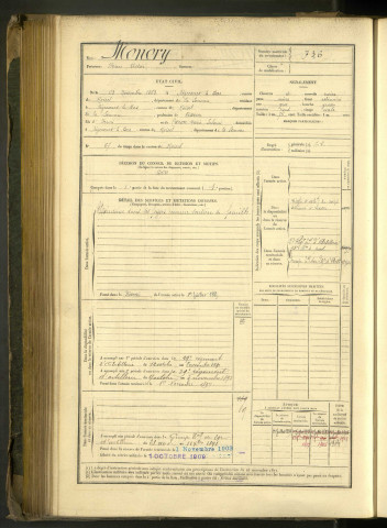 Monory, Henri Victor, né le 23 novembre 1863 à Aizecourt-le-Bas (Somme, France), classe 1883, matricule n° 736, Bureau de recrutement de Péronne