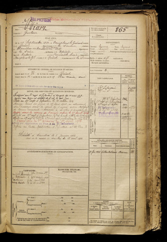 Wiart, Gustave, né le 10 septembre 1899 à Templeux-le-Guérard (Somme), classe 1919, matricule n° 865, Bureau de recrutement de Péronne