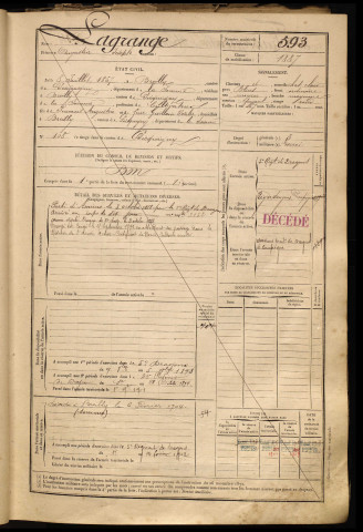 Lagrange, Augustin Joseph, né le 08 juillet 1867 à Breilly (Somme), classe 1887, matricule n° 593, Bureau de recrutement d'Amiens