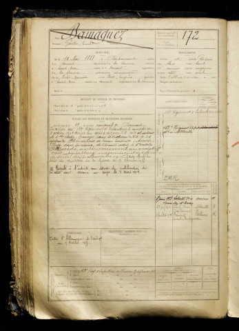 Damagnez, Gaston Emile, né le 10 mai 1888 à Berteaucourt-les-Dames (Somme), classe 1908, matricule n° 172, Bureau de recrutement d'Abbeville