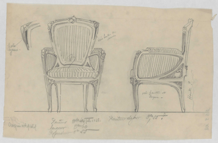 Fauteuils, de face, de profil et de haut, du Grand Salon de l'Hôtel Bouctot-Vagniez