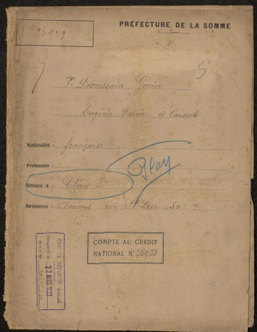 Cléry-sur-Somme. Demande d'indemnisation des dommages de guerre : dossier Decressain-Gorrier