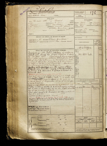 Chatelain, Robert Henri, né le 24 mars 1896 à Amiens (Somme), classe 1916, matricule n° 172, Bureau de recrutement de Péronne