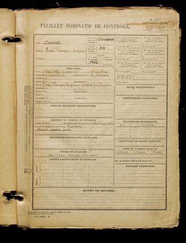 Ossart, Pierre François Eugène, né le 02 mai 1886 à Brévillers (Somme), classe 1906, matricule n° 44, Bureau de recrutement d'Amiens