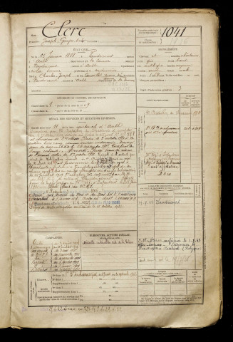 Clerc, Joseph Georges Victor, né le 25 janvier 1888 à Vaudricourt (Somme), classe 1908, matricule n° 1041, Bureau de recrutement d'Abbeville