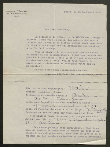 Témoignage de Poujet, Jean Jules et correspondance avec Jacques Péricard