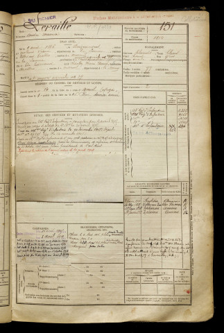 Leraille, André Maurice, né le 09 août 1896 à Briquemesnil-Floxicourt (Somme), classe 1916, matricule n° 151, Bureau de recrutement de Péronne