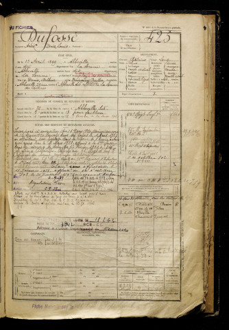 Dufossé, André Denis Louis, né le 13 avril 1899 à Abbeville (Somme), classe 1919, matricule n° 425, Bureau de recrutement d'Abbeville