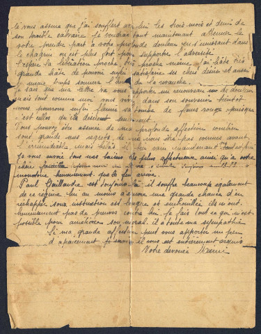 Lettre de « Mimi » adressée à la mère de Maurice Robbe, dans laquelle elle retranscrit la dernière lettre que Maurice lui a fait parvenir