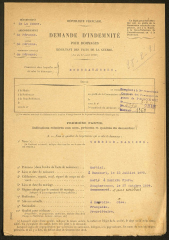 Bouchavesnes-Bergen. Demande d'indemnisation des dommages de guerre : dossier Verrier Martial