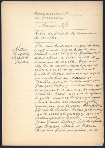 Combles (registres reconstitués, lacunes possibles) : décès (1852-1862)