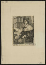 A Paris chez Jean Petit. Portrait de Pantin de 3/4 assis dans un fauteuil tenant un livre à la main portant l'inscription Lettre de Mr Pantin