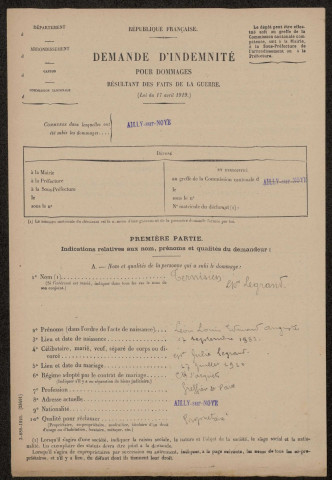 Ailly-sur-Noye. Demande d'indemnisation des dommages de guerre : dossier Ternisien-Legrand