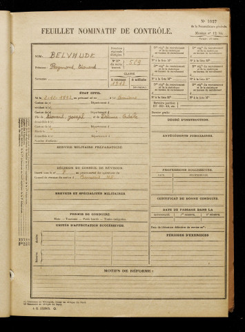 Belvaude, Raymond Edouard, né le 02 décembre 1893 à Amiens (Somme), classe 1913, matricule n° 529, Bureau de recrutement d'Amiens