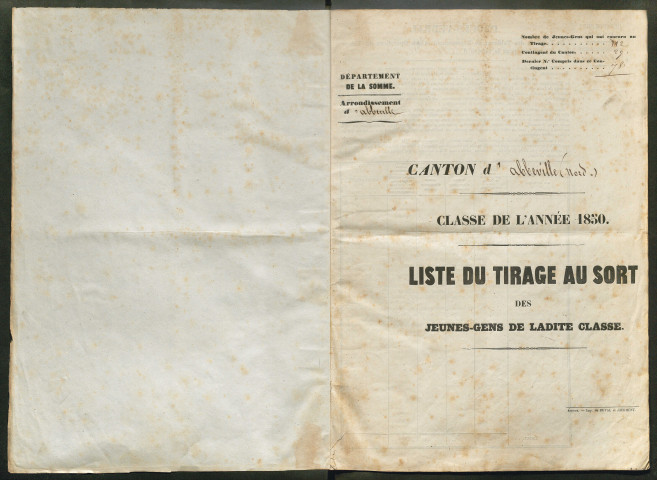 Tirage au sort (arrondissement d'Abbeville) de l'année 1850
