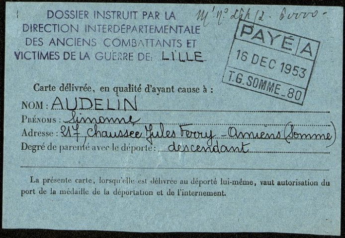 Demande de carte au titre de déporté politique formulée par Simonne Lazard en qualité de descendant de Ferdinand Lazard