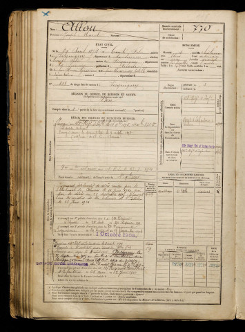 Allou, Joseph Marcel, né le 29 avril 1874 à Condé-Folie (Somme), classe 1894, matricule n° 770, Bureau de recrutement d'Amiens