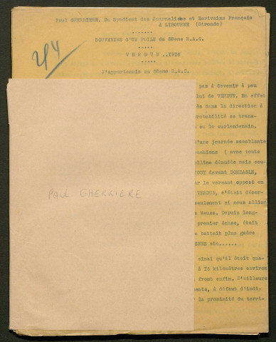 Témoignage de Gherrière, Paul (Syndicat des Journalistes et Ecrivains Français à Libourne) et correspondance avec Jacques Péricard