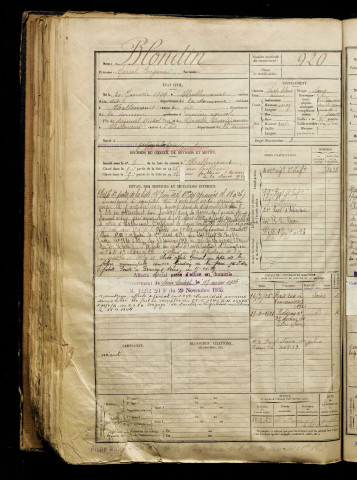 Blondin, Marcel Eugène, né le 20 janvier 1899 à Hallencourt (Somme), classe 1919, matricule n° 920, Bureau de recrutement d'Abbeville
