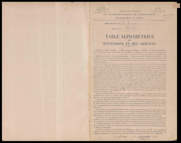 Table des successions et absences du bureau de Roye