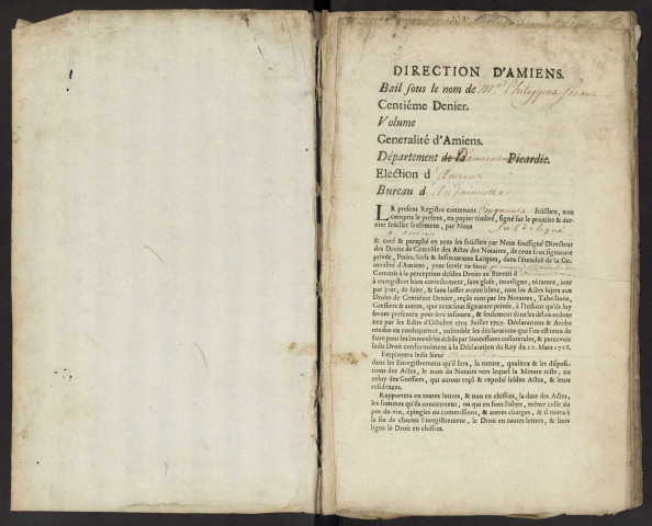 Centième denier du bureau d'Andainville pour la période du 1er janvier 1739 au 27 février 1741