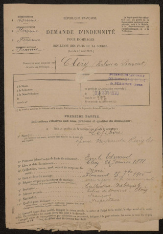 Cléry-sur-Somme. Demande d'indemnisation des dommages de guerre : dossier Lefevre-Ringlet