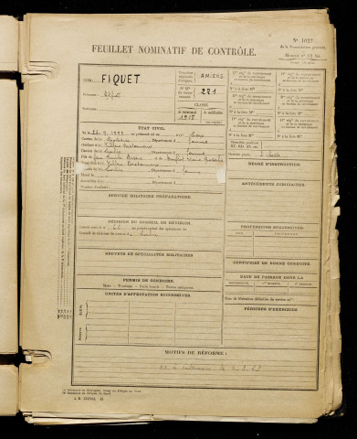 Fiquet, Alfred, né le 22 septembre 1898 à Caix (Somme), classe 1918, matricule n° 221, Bureau de recrutement d'Amiens