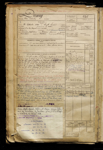 Damay, René Valentin, né le 24 septembre 1899 à Saint-Simon (Aisne), classe 1919, matricule n° 546, Bureau de recrutement de Péronne