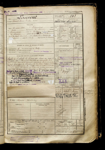 Laurent, Edouard Honoré Emile, né le 16 mai 1900 à Frémontiers (Somme), classe 1920, matricule n° 141, Bureau de recrutement d'Amiens