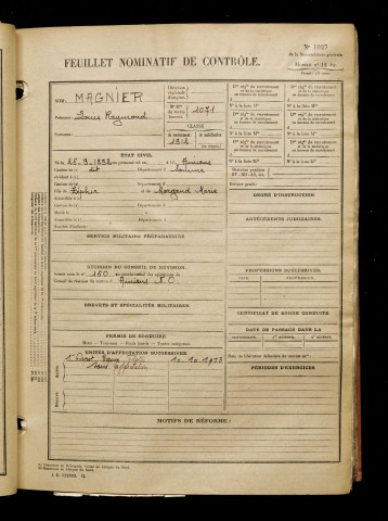 Magnier, Louis Raymond, né le 26 septembre 1892 à Amiens (Somme), classe 1912, matricule n° 1071, Bureau de recrutement d'Amiens