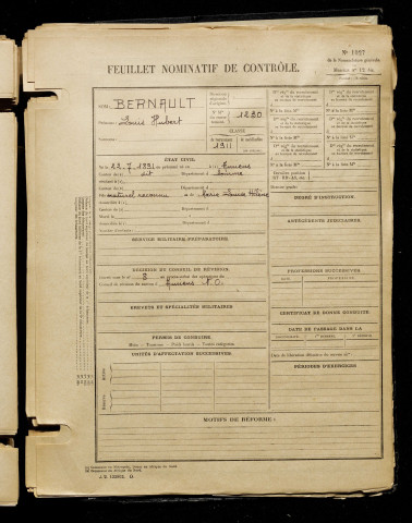 Bernault, Louis Hubert, né le 22 juillet 1891 à Amiens (Somme), classe 1911, matricule n° 1230, Bureau de recrutement d'Amiens