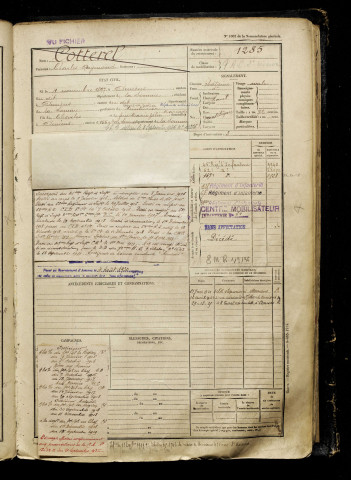 Cotterel, Charles Raymond, né le 04 novembre 1897 à Amiens (Somme), classe 1917, matricule n° 1285, Bureau de recrutement d'Amiens